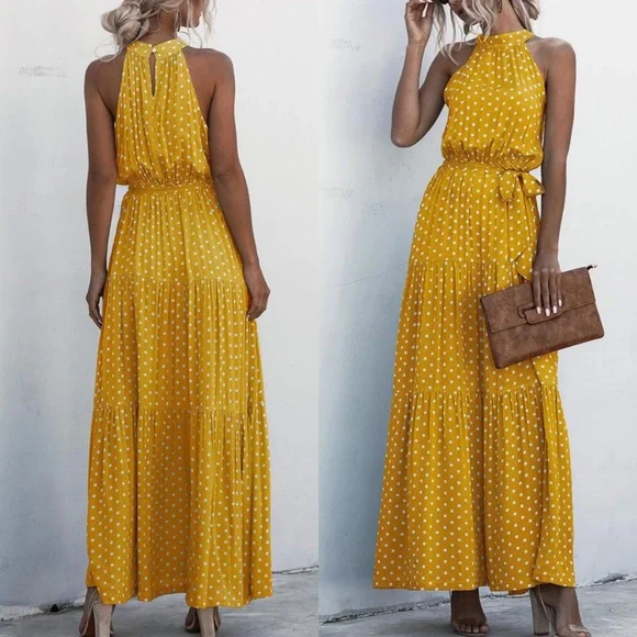 🌻 TALL YELLOW WHITE POLKA DOT BELTED MAXI DRESS! - Picture 2 of 3